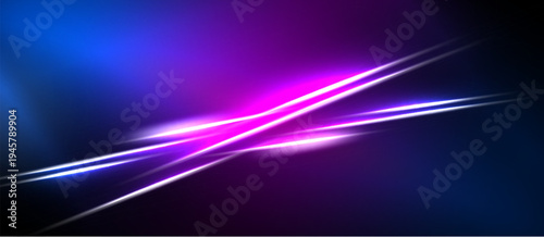 Abstract background features vibrant blue, purple streaks. Dynamic lines create modern, energetic visual effect. Dark areas contrast bright illumination.