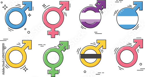 Gender symbols collection vector set with male, female and transgender icons in colorful flat style for identity, equality and diversity concept design