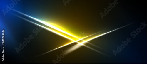 Abstract light streaks intersect. Blue, yellow hues dominate dark background. Brightness creates dynamic visual effect.