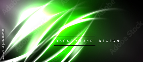 Abstract green lines create dynamic flow. Dark background emphasizes bright curves, modern design element. Text reads background design.