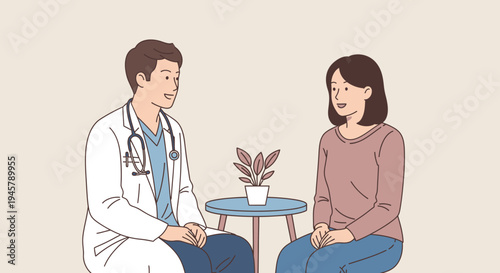 Medical consultation illustration: Doctor talking to female patient about health. Professional healthcare, diagnosis, and advice.