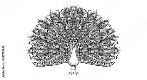 Elegant hand drawn peacock illustration with fanned tail feathers, beautiful majestic bird sketch art, detailed black and white drawing
