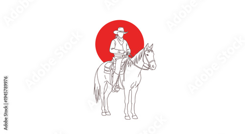 Western Cowboy Riding Horse Silhouetted by Red Circle Sun Minimalist Vector Line Art Illustration