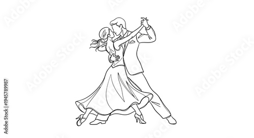 Elegant ballroom dancing couple line art illustration. Romantic man and woman performing a classic formal dance in a graceful pose.