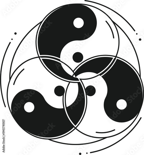 Yin yang trinity symbol vector illustration, abstract balance and harmony concept with three interconnected yin yang signs in circular motion design