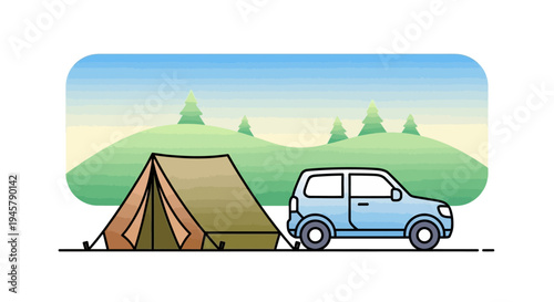 Outdoor camping illustration with tent and car parked in a scenic natural landscape under a clear sky, adventure travel concept.