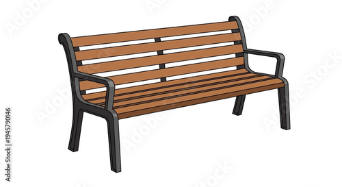 Empty wooden slatted park bench with sturdy dark metal frame for outdoor relaxation, isolated on white background