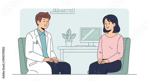 Doctor speaking with female patient in a medical office, illustration of healthcare consultation and therapy session, medical support and mental health care.
