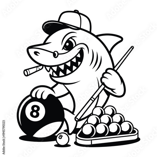 Cartoon shark character wearing a cap and holding a cigar and billiard cue with pool balls