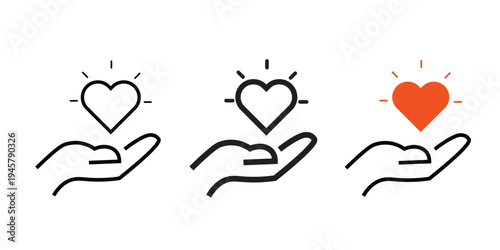 Charity donation and healthcare support icon set. Hand holding glowing heart for volunteer UI and corporate welfare. Vector line glyphs.
