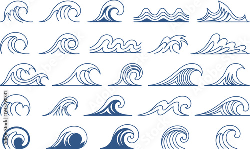 Hand drawn wave set seamless pattern ocean water blue ink sketch vector illustration handmade art design elements