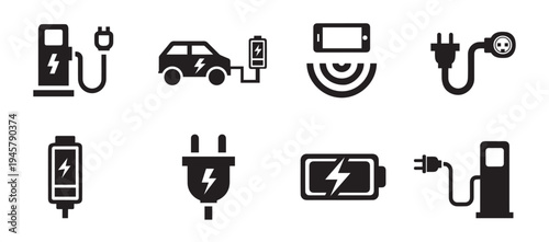 EV charging station and battery power icon set. Electric vehicle plug, wireless charger, and energy infrastructure vector symbols.