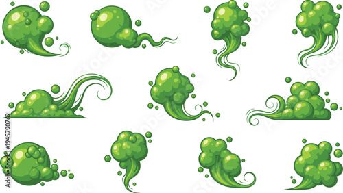 Green toxic slime splashes and goo blobs cartoon vector set, radioactive liquid splatter elements for game effects, monster slime or chemical spill design