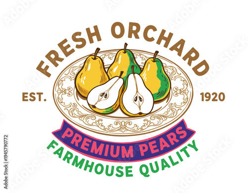 Eat well live well. Pear local farm. Yellow pear vintage t-shirt design. Organic vegetable farm. Pear vegetable artwork for t shirt print, poster, sti