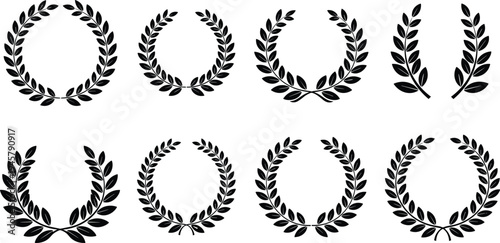 Laurel wreath collection vector set with classic leaf crowns and branches, victory award symbol decorative botanical wreath elements for logo and emblem design
