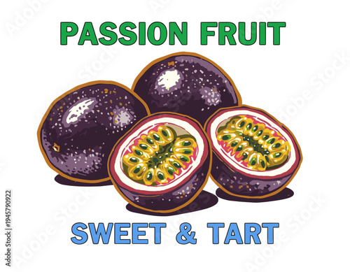 Eat well live well. Passion fruit local farm. Purple passion fruit vintage t-shirt design. Organic fruit farm. Passion fruit artwork for t shirt print