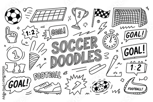 Soccer Doodles Collection with Ball Goal Trophy Stopwatch and Shoes
