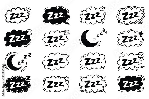 Sleep Zzz Sound Bubbles and Moon Icons Set Doodle Style Isolated on White