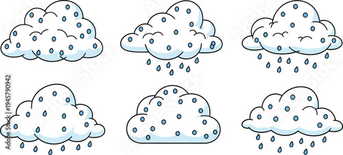 Cartoon rain clouds collection with falling raindrops vector illustration set, cute weather cloud icons for forecast, climate and rainy day design