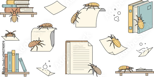 Booklice Insect Vector Set with Library Books Paper and Shelves Showing Tiny Paper Eating Bugs Educational Pest Illustration Collection Isolated on White
