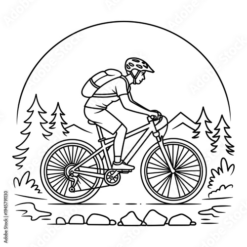 Person wearing helmet and backpack cycling through a natural outdoor landscape with trees and mountains