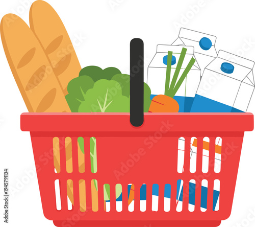 Grocery shopping basket with bread, vegetables and milk vector illustration, supermarket food purchase concept isolated market basket design