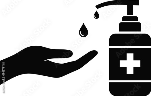 Hand sanitizer pump bottle with hand icon silhouette vector illustration, hygiene and disinfection symbol for healthcare, cleanliness and infection prevention concept