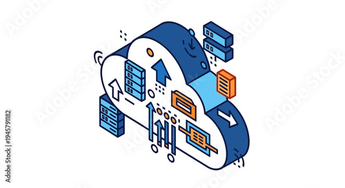 Cloud computing illustration featuring server architecture and data transfer visualization