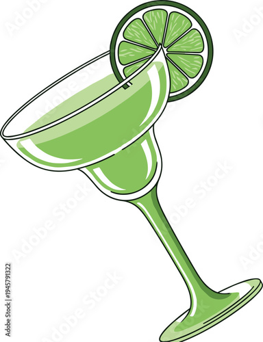 Margarita cocktail glass with lime slice garnish vector illustration, refreshing summer drink isolated bar beverage design for party and tropical vacation