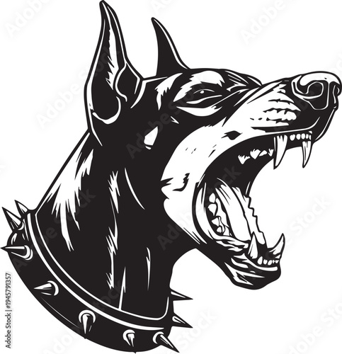 Roaring Doberman Dog Head Aggressive Guard Dog Mascot Black and White Vector Illustration