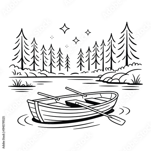 Simple line art illustration of a rowboat with oars floating on a tranquil lake near a pine forest under a starry night sky