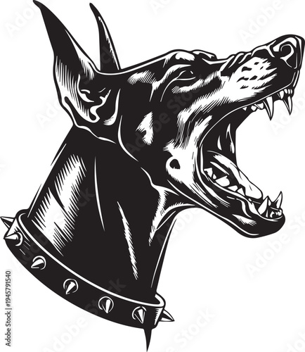 Roaring Doberman Dog Head Aggressive Guard Dog Mascot Black and White Vector Illustration