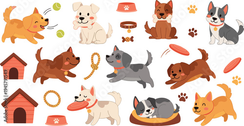 Cute Cartoon Dog Collection with Playing Puppies, Pet Accessories, Toys, Bowls and Dog Houses, Adorable Canine Animal Vector Illustration Set Isolated on White