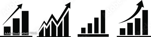 Collection of four black and white business graph icons with arrows
