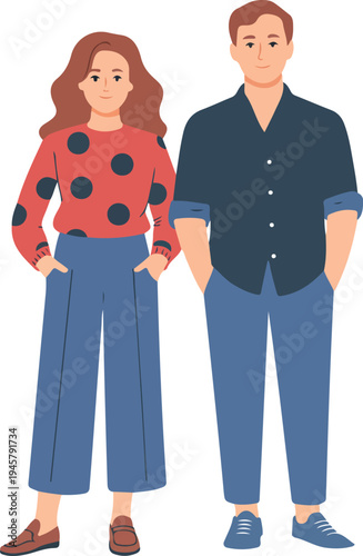 Happy young couple standing together holding hands wearing casual clothing flat vector illustration isolated on white background character design