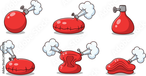 Cartoon whoopee cushion prank toy set with air valve and funny deflating gag cushion vector illustration for comedy and joke design