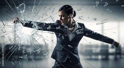 Determined businesswoman breaking through a glass ceiling with a powerful punch, symbolizing overcoming obstacles and achieving success in a corporate environment.