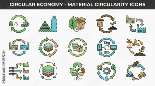 Circular Economy Material Circularity Icon Set A Vector Representation of Sustainability and Resource Management