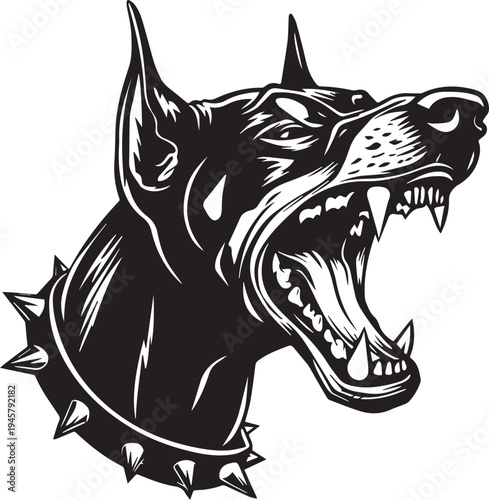 Roaring Doberman Dog Head Aggressive Guard Dog Mascot Black and White Vector Illustration