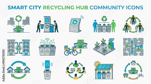 Smart City Recycling Hub Community Icons - Vector Set for Sustainable Urban Living