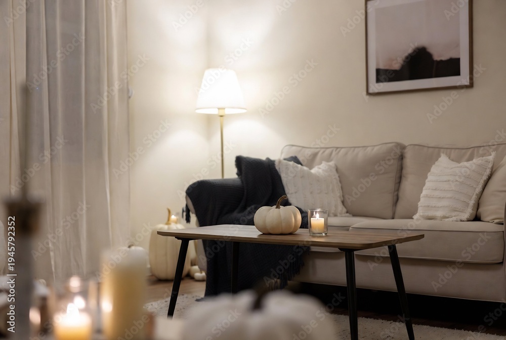 Fototapeta premium A cozy living room scene with candles, pumpkins, and a muted color palette.