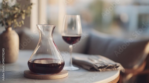 Glass of red wine and a decanter on a wooden table. the table is in a living room with a couch and a vase of greenery in the background.