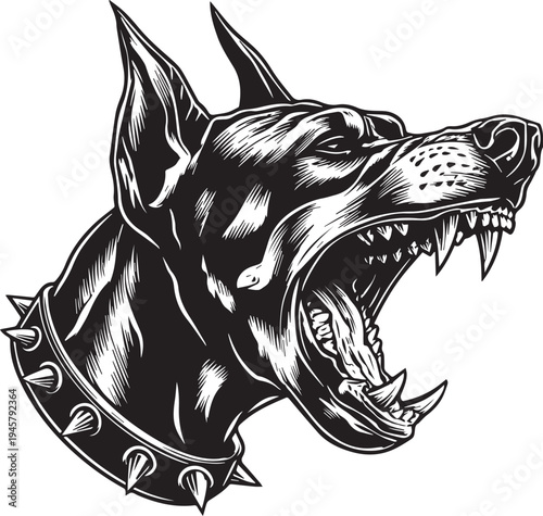 Roaring Doberman Dog Head Aggressive Guard Dog Mascot Black and White Vector Illustration