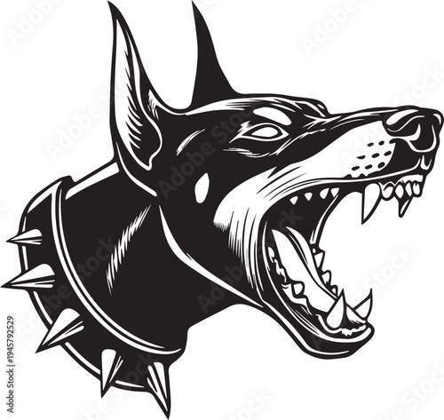 Roaring Doberman Dog Head Aggressive Guard Dog Mascot Black and White Vector Illustration