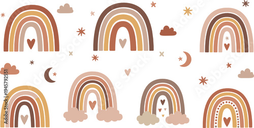 Boho rainbow collection with hearts clouds stars and moon pastel nursery style vector illustration set