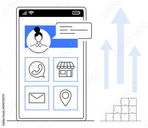 Mobile application concept. Mobile application tools for communication, business, email, and navigation. Mobile applications support business, communication, navigation, and growth strategies
