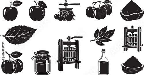 Black and white illustration of apple products and icons