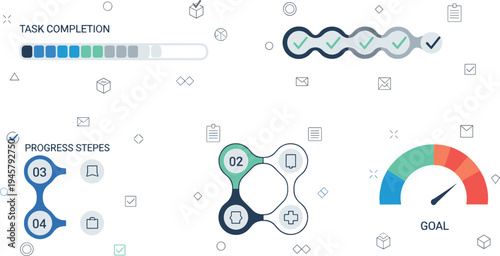 Business progress and task completion dashboard elements including progress bar steps workflow and goal gauge vector illustration set