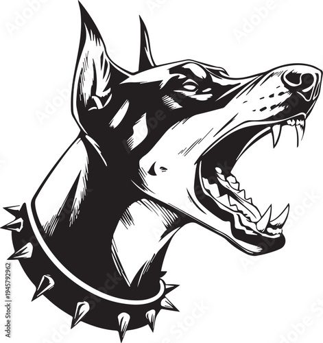 Roaring Doberman Dog Head Aggressive Guard Dog Mascot Black and White Vector Illustration