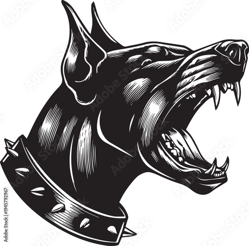Roaring Doberman Dog Head Aggressive Guard Dog Mascot Black and White Vector Illustration